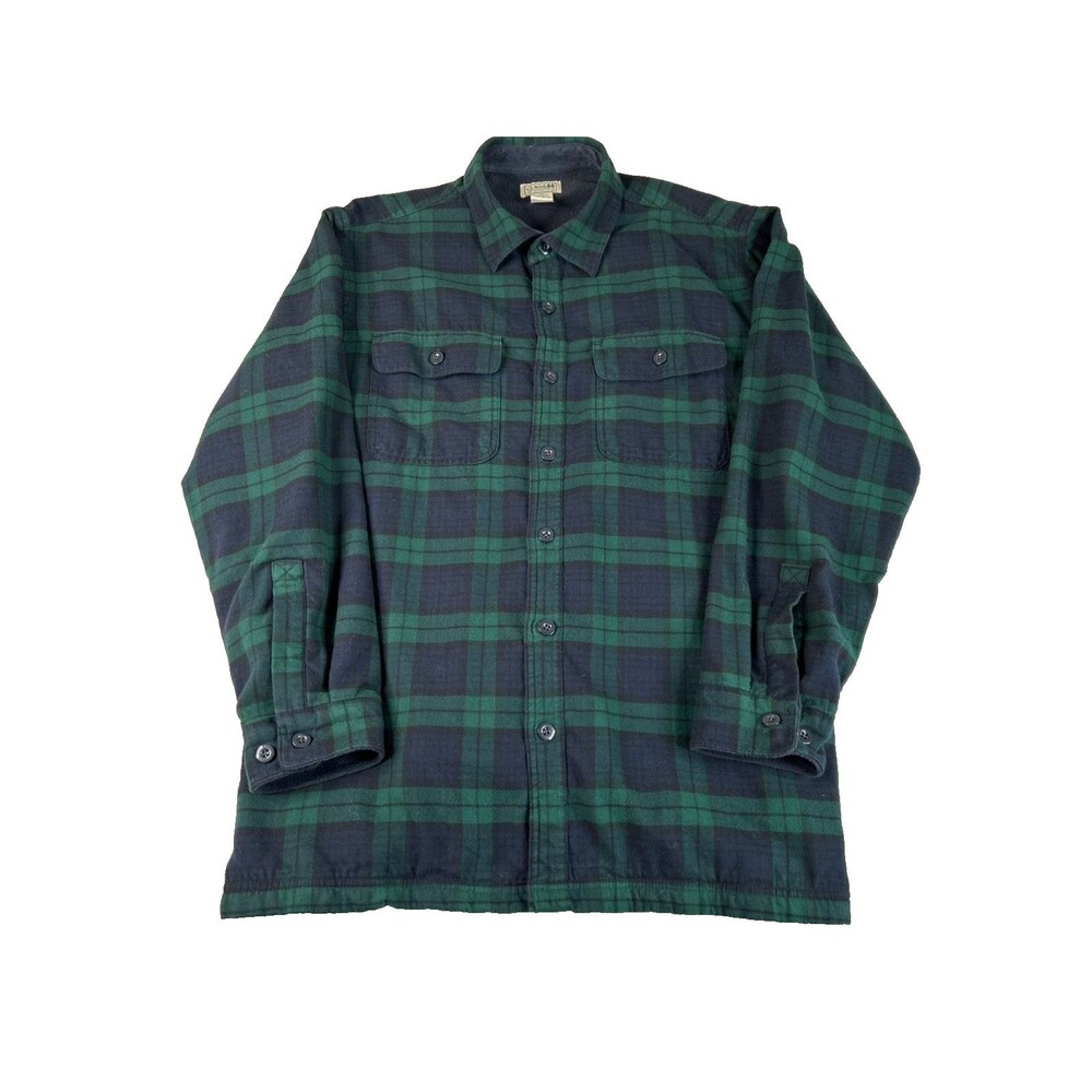 LL Bean Flannel Shirt Jacket Men’s Large Green Plaid Fleece Lined Outdoors